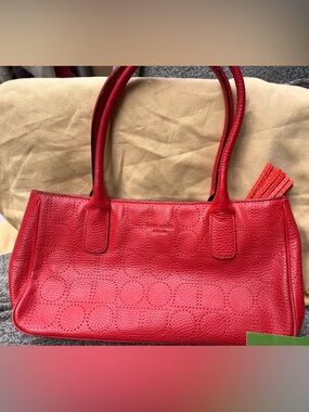 Kate Spade Noel Rue Red Pebbled Leather Perforated Tote EUC